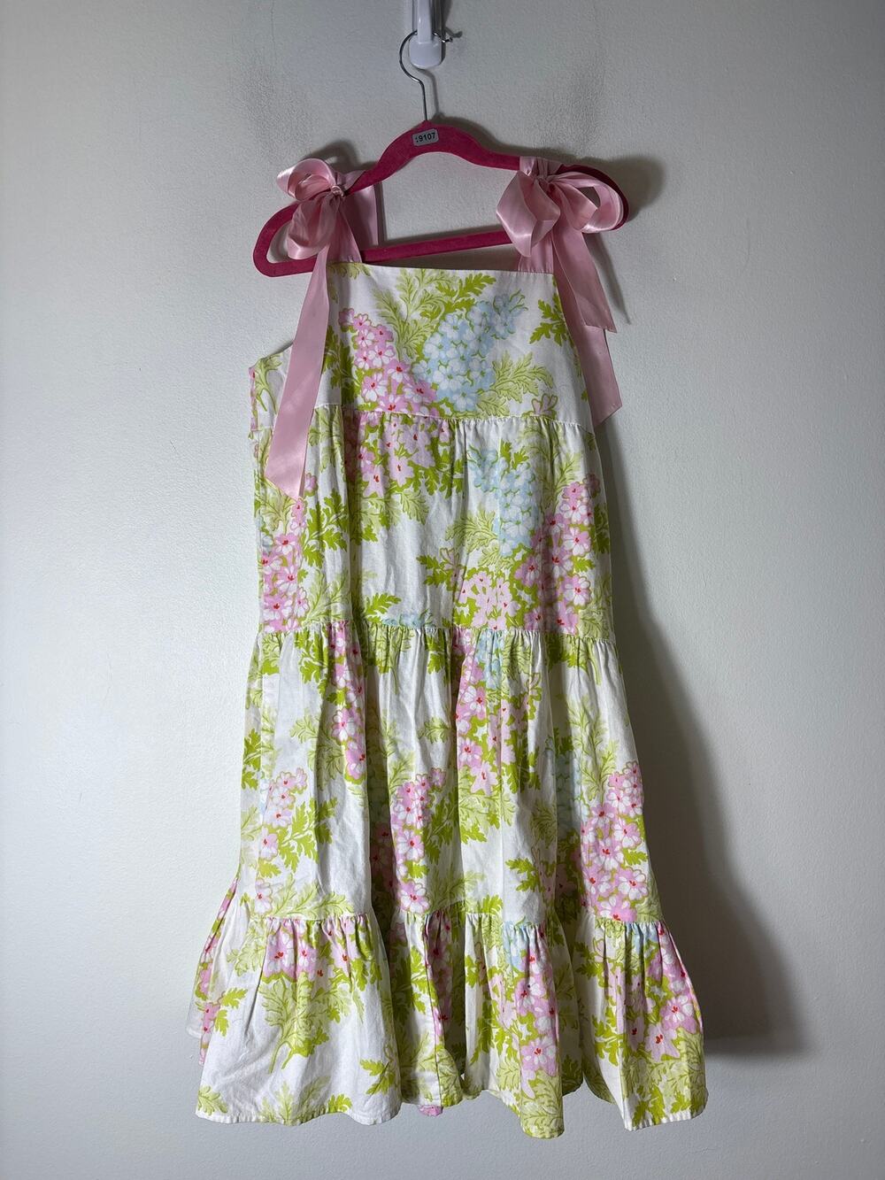Girls Vintage Kelly's Kids pink blue and green floral print bow tie dress size 8